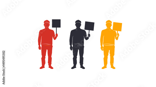 Silhouetted Group of Three Protesters Holding Signs in Vibrant Colors Against a White Background
