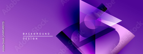 Abstract purple design features overlapping geometric shapes, gradients, soft shadows. Modern aesthetic, vibrant colors, dynamic composition.