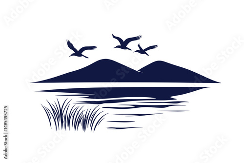 Serene Dark Blue Mountain Landscape Illustration with Birds
