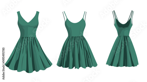 Stylish Green Sleeveless Flared Dress Displayed in Three Angles Against a White Background