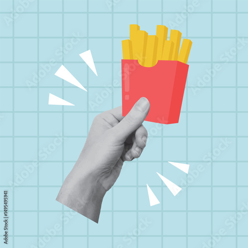 Collage design with hand holding french fries on blue background. Template for banner, poster, social media.