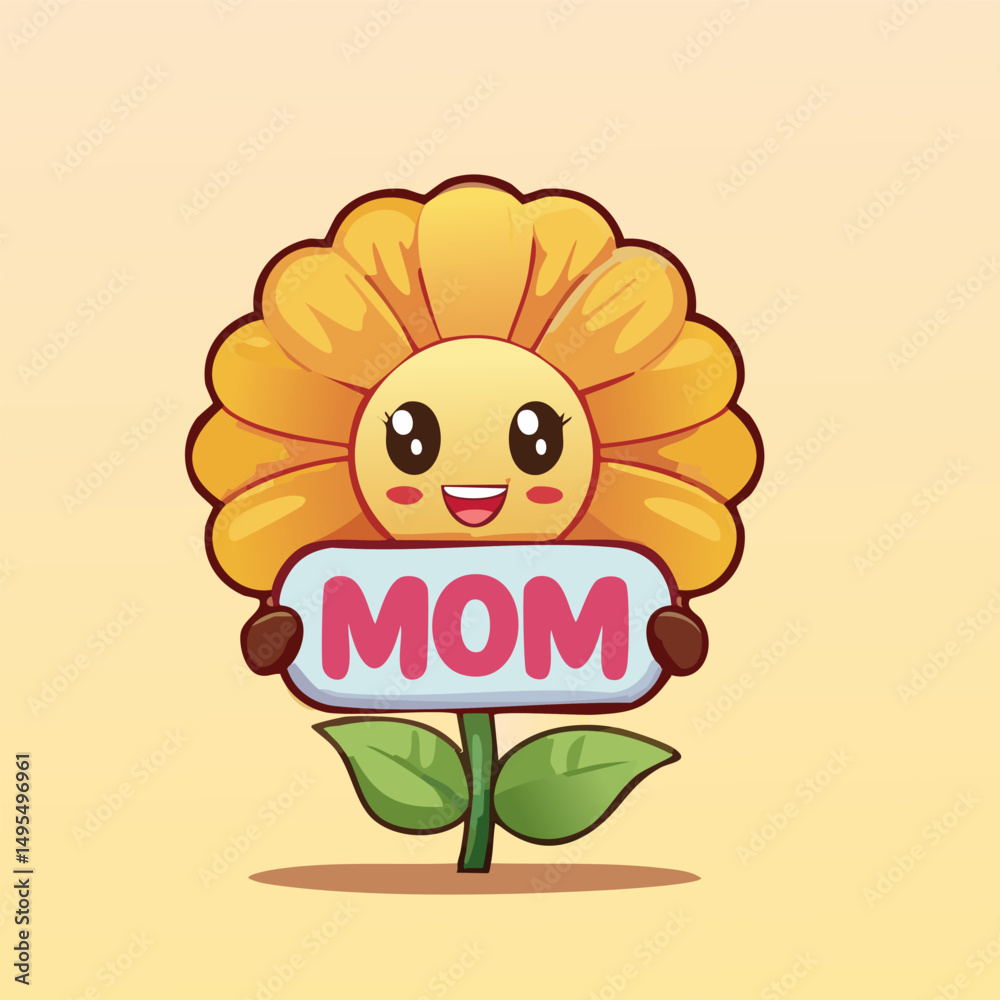 Cheerful Sunflower: A charming and delightful cartoon depicts a radiant sunflower holding a sign that simply says Cheerful Sunflower: A charming and delightful cartoon depicts a radiant sunflower holding a sign that simply says