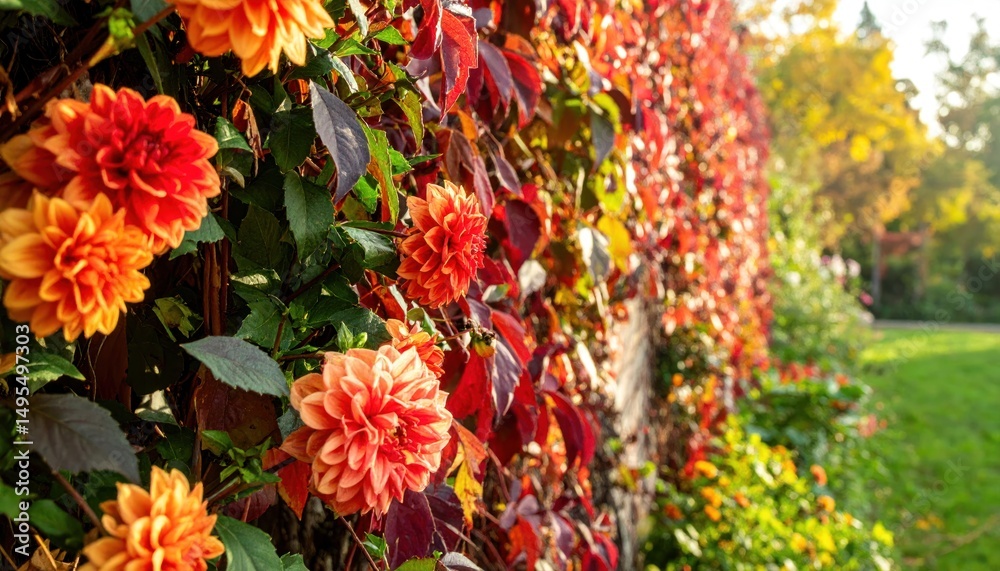Obraz premium Floral vibrancy: Dahlias and autumn foliage paint a natural masterpiece outdoors