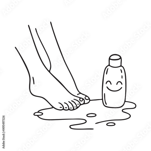 A toe resting near a spilled lotion bottle on the floor