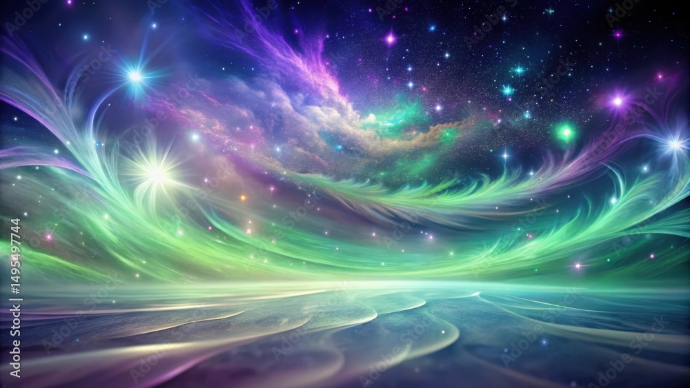 Obraz premium Enchanted Celestial Landscape A Dreamlike Aurora Borealis Over a Serene, Undulating Plainscape Under a Starry Sky