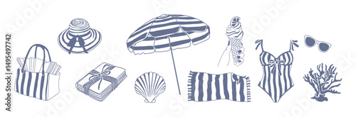 Hand drawn summer clipart set with beach accessories, striped swimsuit, umbrella, hat, ice cream, towel, shell, and coral. Vector design elements isolated on white background