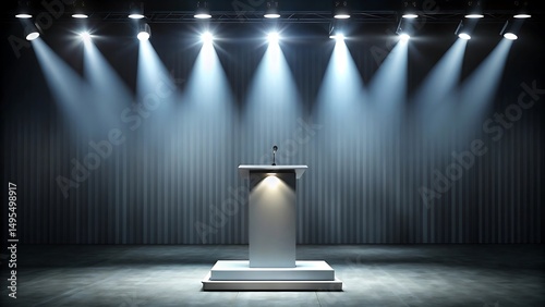 Well lit podium with microphone stands ready on a stage for a speaker