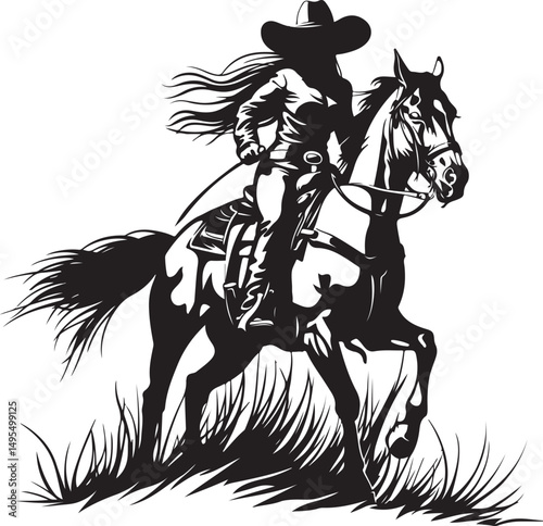 Cowgirl on Horse Silhouette Vector Illustration on Transparent Background