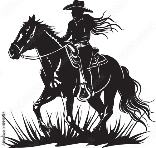 Cowgirl on Horse Silhouette Vector Illustration on Transparent Background