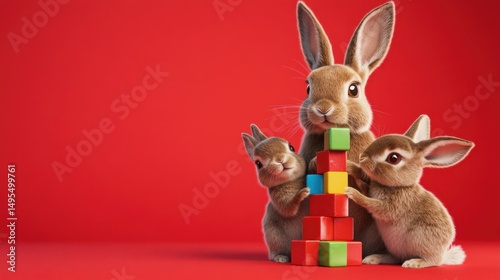 Rabbits playing with colorful blocks on red background; Easter or childhood concept