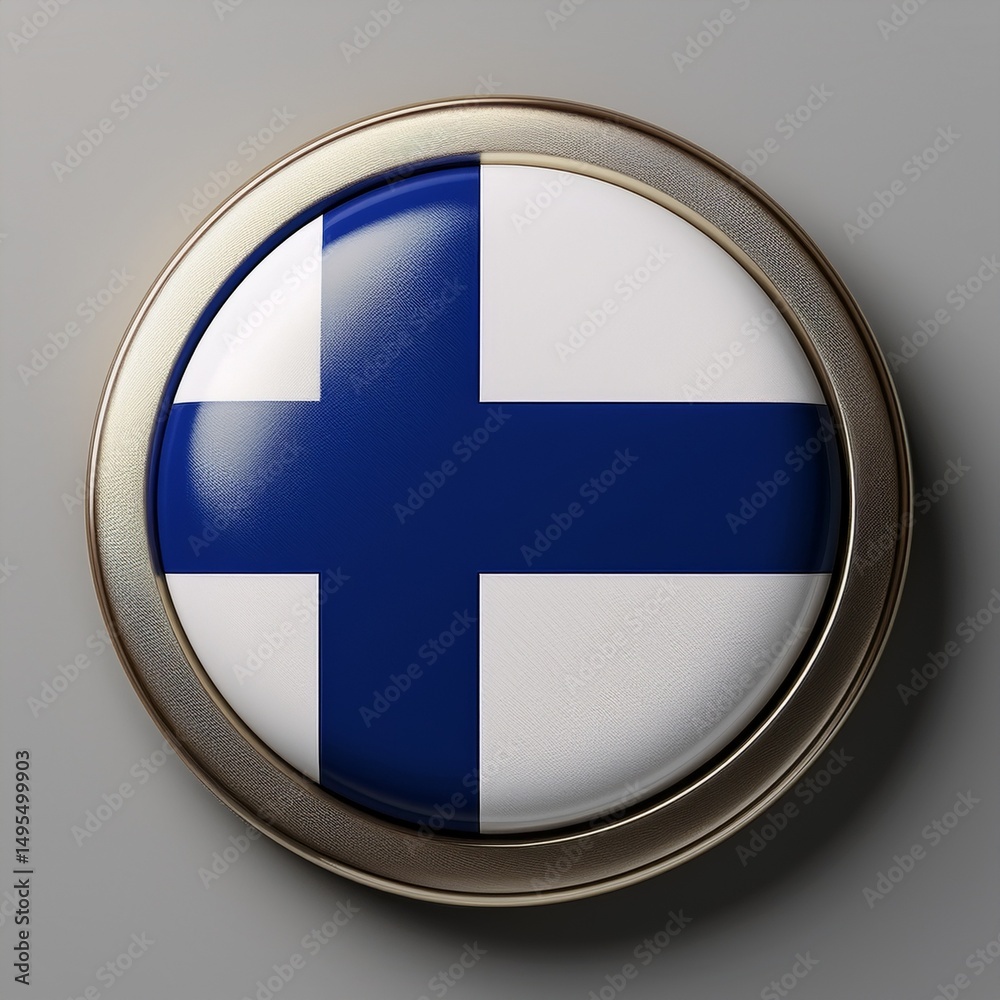 Fototapeta premium Runder Button mit finnischer Flagge auf neutralem Hintergrund