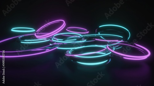 Fluorescent neon tubes in various sizes and shapes (circles, lines , ) rotating and orbiting in 3D space.