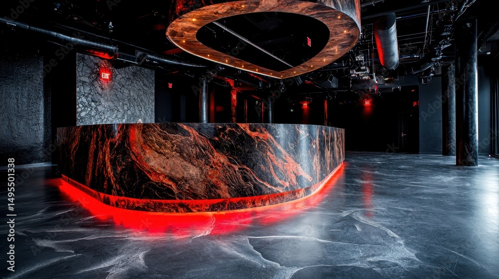 Naklejka premium Modern Nightclub Interior with Red Accent Lighting and Reflective Marbled Flooring