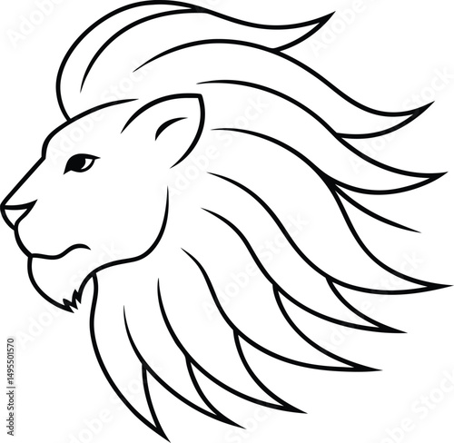 Simple linear illustration of a regal lion head in profile with bold outline and details