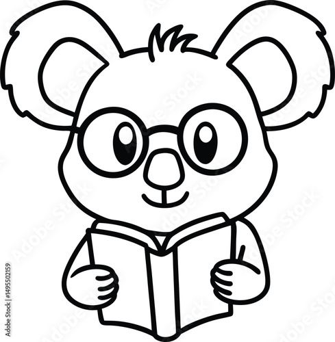 Smart cartoon koala wearing glasses reading a book outlined in black and white for children