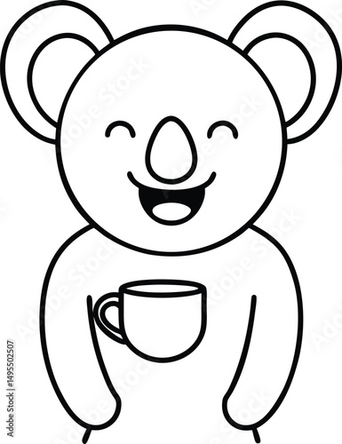 Smiling cartoon koala bear holding a coffee mug in minimalist black and white style