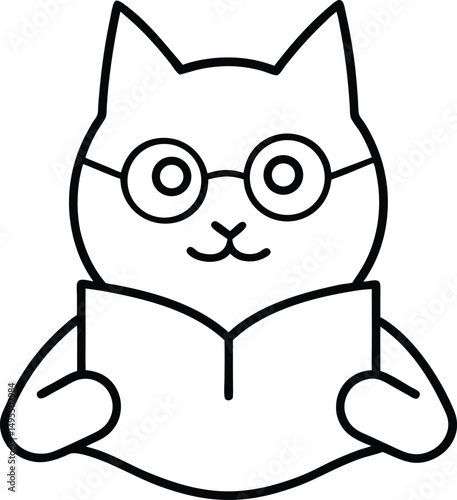 Vector illustration of a smart cat wearing glasses reading a book in a minimalist style
