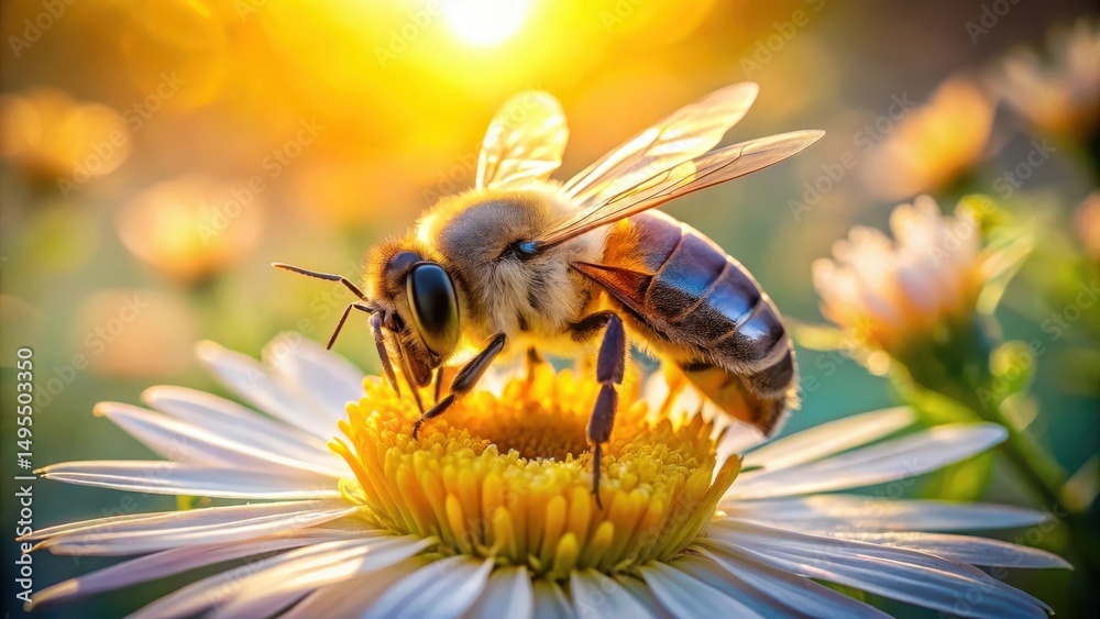 Naklejka premium Golden Hour Honeybee Nectar Gathering on a Daisy Blossom in a Meadow