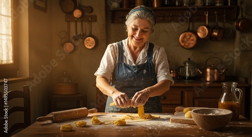 A traditional Italian grandmother making fresh pasta by hand in a rustic kitchen, soft natural lighting, flour on the wooden table, vintage decor, warm tones