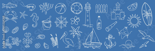 Coastal summer doodle illustration set. Hand drawn whimsical lighthouse, lobster, crab, bikini, palm tree, shells and  anchor illustration for greeting cards, invitations, wrapping paper.