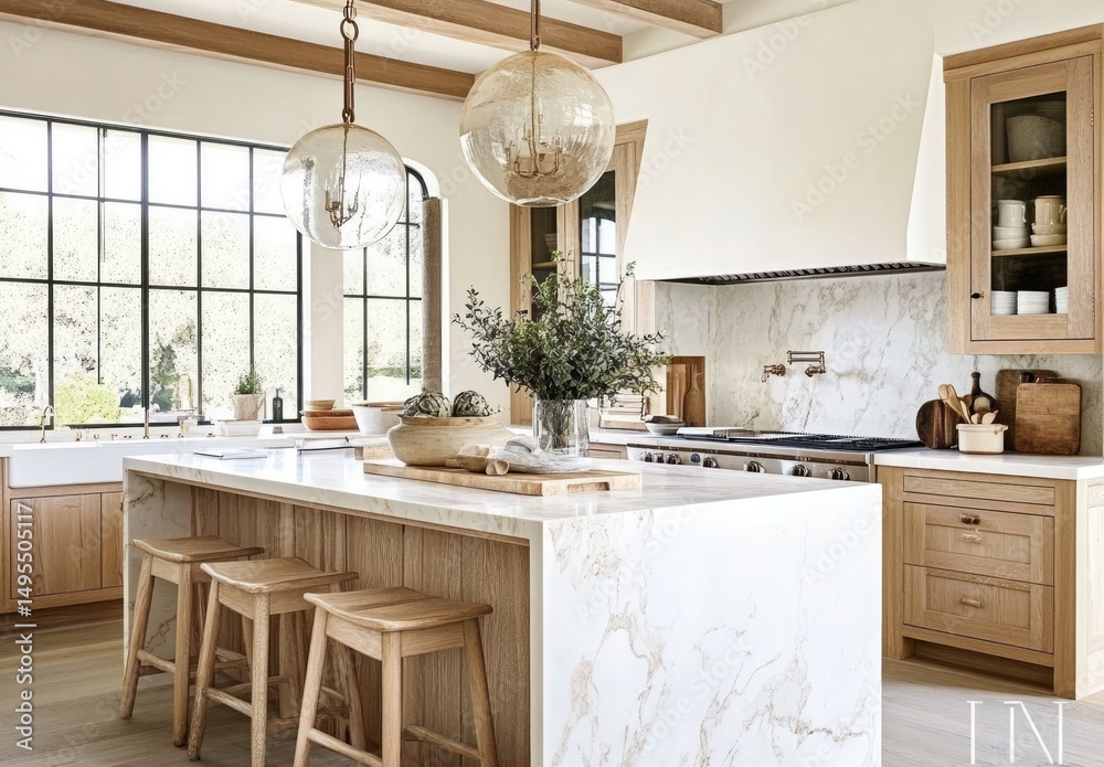 Elegant, light-filled kitchen with wooden cabinets and marble countertops. Elegant, light-filled kitchen with wooden cabinets and marble countertops.