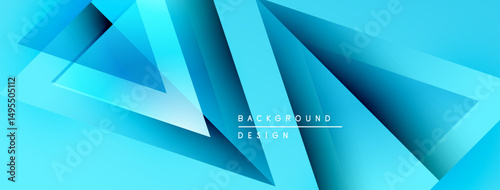 Abstract blue geometric shapes overlap creating dynamic background. Gradient shades add depth, modern feel. Text reads background design.
