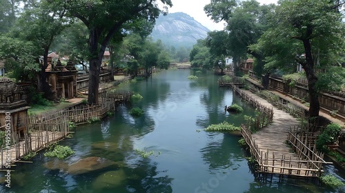 Scenic pond view with bamboo structures high resolution images