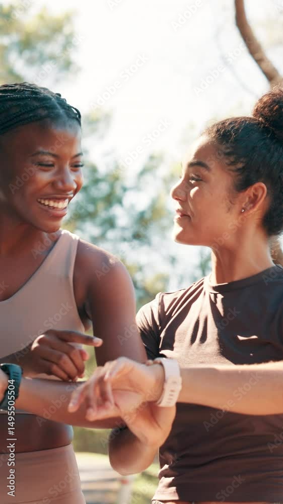 Running, success and smart watch with friends in nature for tracking performance, health stats and lap time. Training support, high five and monitor workout with women in forest for sports goals