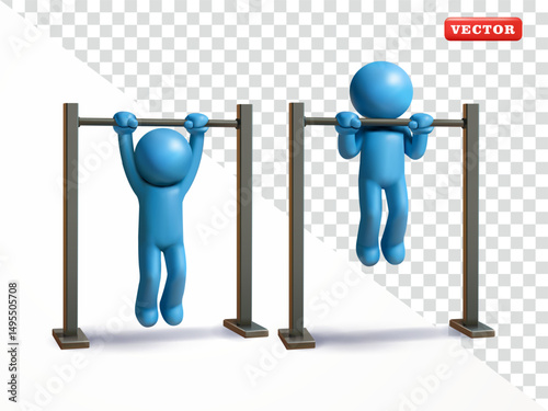 Stickman doing pull up exercise, 3d vector. Suitable for sports and health