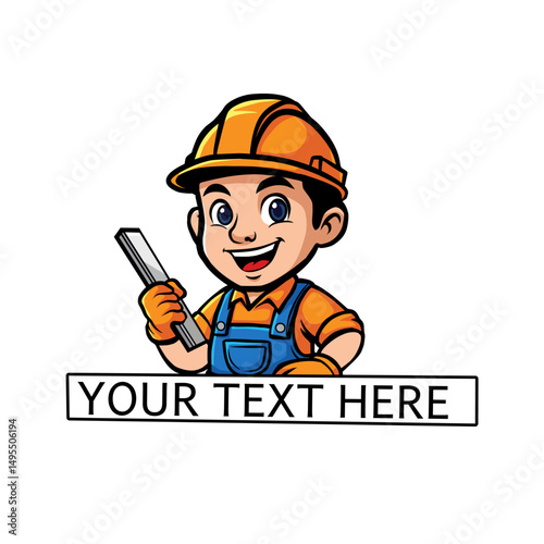 Smiling cartoon builder in orange hard hat and blue overalls holds a trowel, with a customizable text box for construction, handyman, or renovation business branding