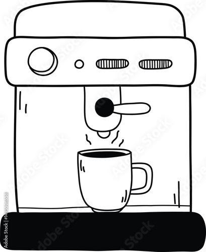 Espresso Machine Vector Illustration - Hand Drawn Coffee Maker with Cup in Minimal Doodle Style