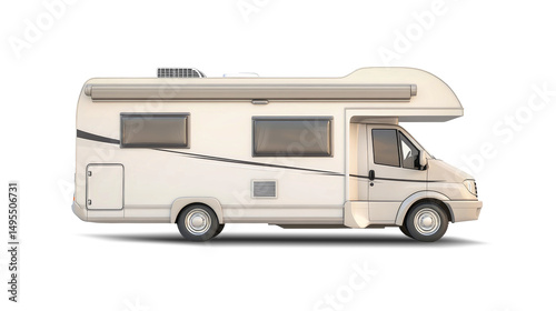 Sleek white motorhome displayed from the side on a clear background, showcasing its modern design and shiny appearance ideal for travel and leisure.