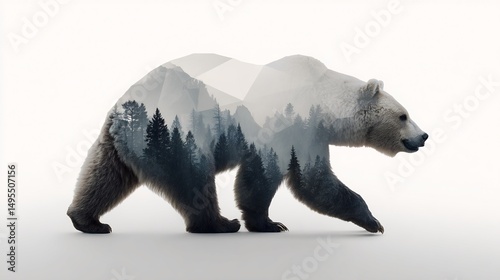 Double exposure of a bear and a forest landscape blending nature and wildlife imagery