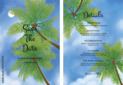 Tropical beach palm tree wedding invitation
