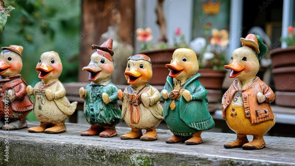 row of comical duck figurines wearing hats and outfits, arranged decoratively outside