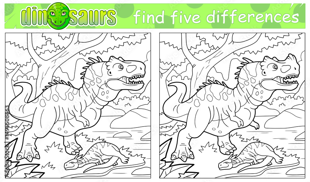 Obraz premium prehistoric funny dinosaur coloring book, find five differences