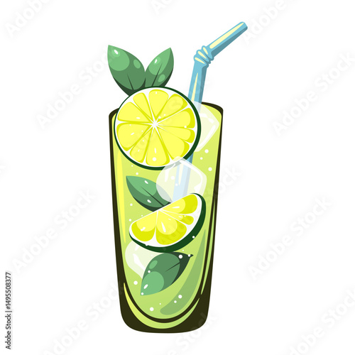 Mojito cocktail. A classic refreshing drink with ice, lime and mint.Vector illustration.	