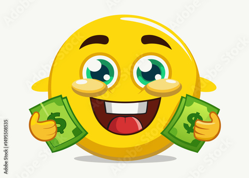 Happy Yellow Emoji Cartoon Character Holding Money