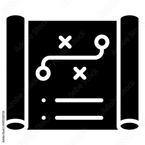 Tactical Plan - Glyph Black Fill Icon Silhouette - scroll with path and markers, representing tactical and strategic project planning