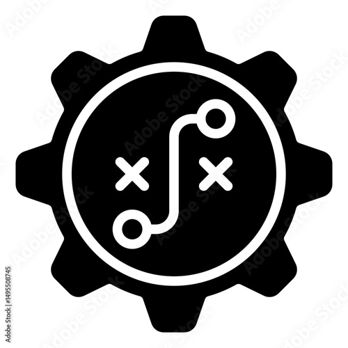 Strategy Gear - Glyph Black Fill Icon Silhouette - gear with path and markers, symbolizing planning strategy and operational direction