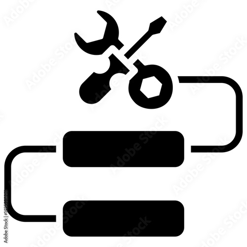 Workflow - Glyph Black Fill Icon Silhouette - Workflow with wrench and gear, showing preparation and configuration in task planning