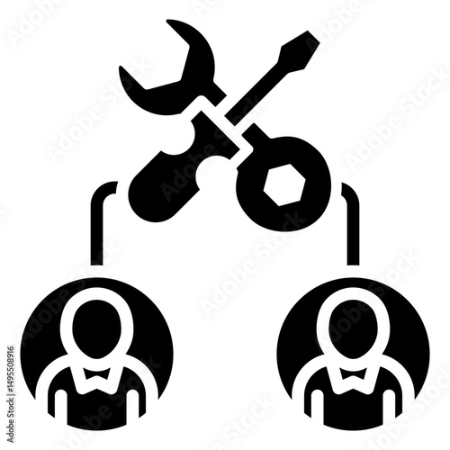 Team Tools - Glyph Black Fill Icon Silhouette - Gear and wrench linked to team members, representing collaborative setup and planning
