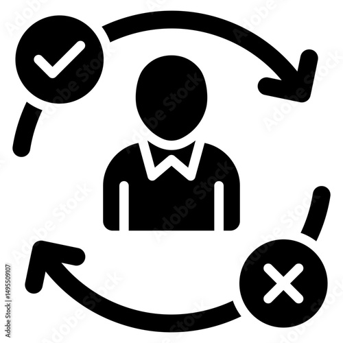 Decision Making - Glyph Black Fill Icon Silhouette - Person with arrows and check/cross, representing strategic choices and planning decisions