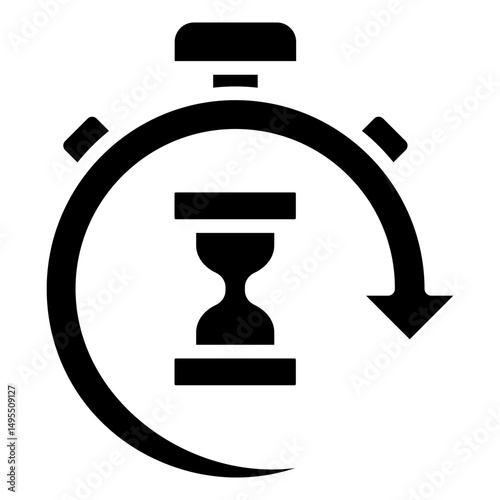 Countdown - Glyph Black Fill Icon Silhouette - stopwatch with hourglass inside and rotating arrow, ideal for timing, deadlines, or countdowns