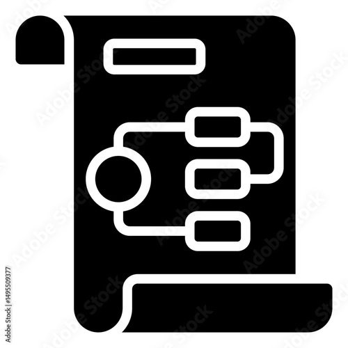 Plan Chart - Glyph Black Fill Icon Silhouette - Rolled document with a hierarchical flowchart, representing structured planning