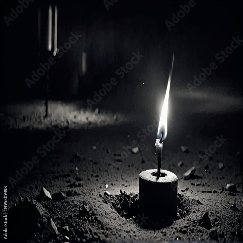 A single candle burns brightly in the darkness, casting a warm glow on the rough, textured ground around it, while other faint lights are visible in the distance.