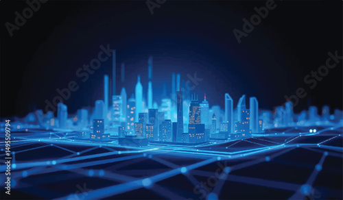 Futuristic city landscape background blue. Low poly wireframe night buildings with glowing effect. Abstract tech smart cityscape background. Innovation skyscrapers and offices. Vector illustration