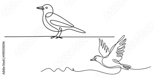 One Line Drawing Minimalist Bird Illustration, Continuous Line Drawing of Birds Perched and in Flight, One Line Drawing of Two Birds Flying and Perched