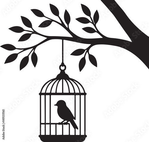 Bird Cage Hanging on Tree Silhouette – Black Vector Illustration on White Background

