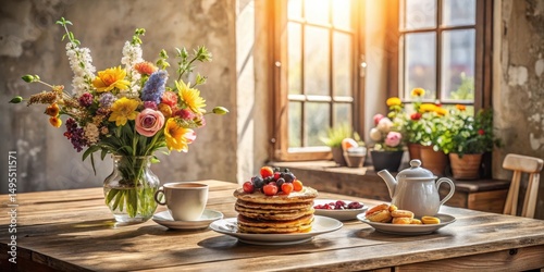 Wallpaper Mural A sunlit rustic table setting with a vibrant flower bouquet, a stack of pancakes topped with fresh berries, a cup of coffee, and assorted pastries, creating a delightful breakfast scene. Torontodigital.ca